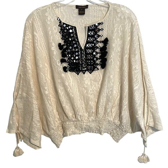 Vineet Bahl Lona Top Womens Sz Small Cream Black Tassels Lace Boho Anthro *FLAW - Picture 2 of 11